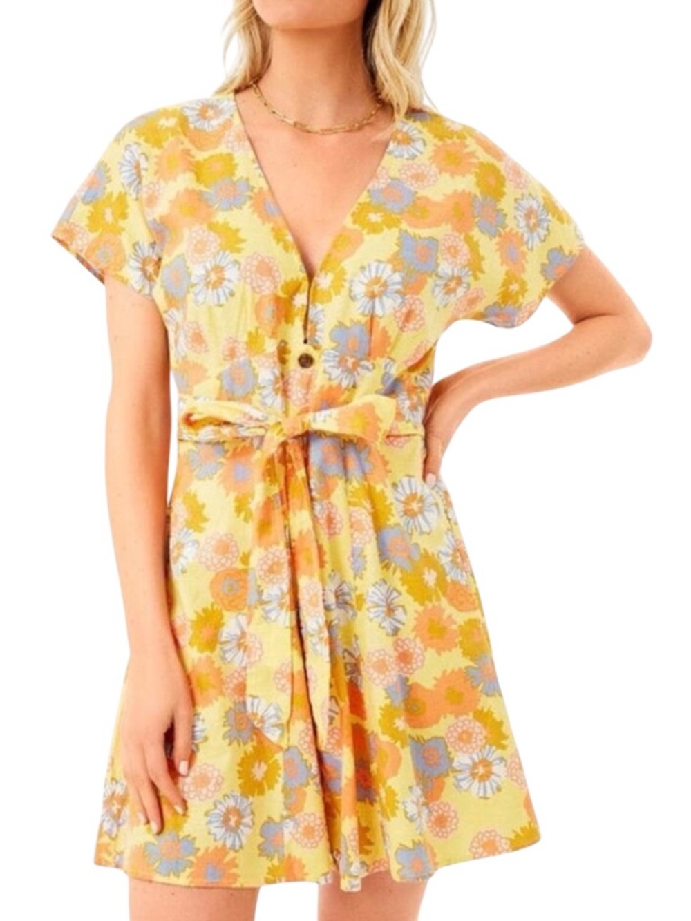 Marine Layer Women’s Yellow Vintage Floral Camila A-Line V-Neck Minidress-Medium